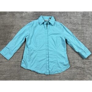 Kim Rogers Top Womens Medium Blue 3/4 Sleeve Button Up Cotton Blend Hong Kong